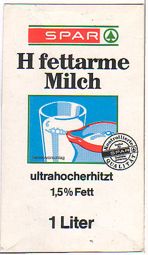 Deutschland: Spar - H fettarme Milch, ultrahocherhitzt, (man beachte den Serviervorschlag!!)
