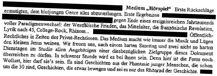 Glauben Sie nicht alles was Sie in Alt-Tags lesen können. Aber dieses bitte schon ... An dieser Web-Hörspielungspräsentation beteiligte Personen: Richard Wientzek, Frank Apunkt Schneider, Birge Tetzner, Matthias Linzmayer, Christian Forster, Susanne Kade, Uli Berger, Dr. Houston Saft, Rupert Schellenberger und der Elektrotechniker Grenzfurthner.